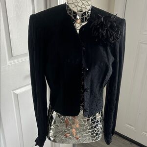 David Hayes Black Silk Women's Blazer with Leopard Print Floral Broach size 8